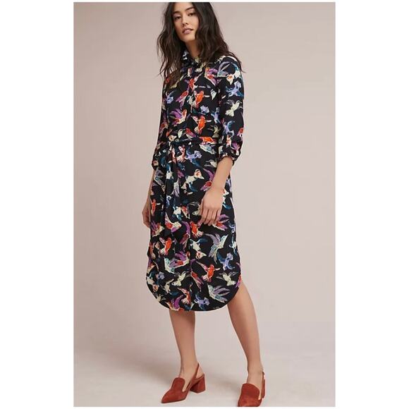 Maeve Anthropologie Women’s Sz L Black Bird Print Midi Dress Long Sleeve - Picture 1 of 15